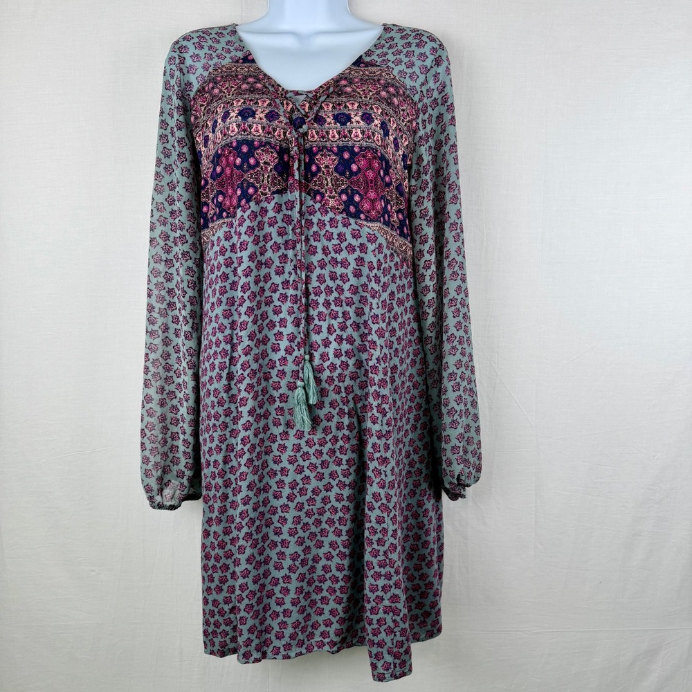 Xhilaration XL Boho Floral Lace Up Tassel Mini Dress Teal Purple Mixed Print